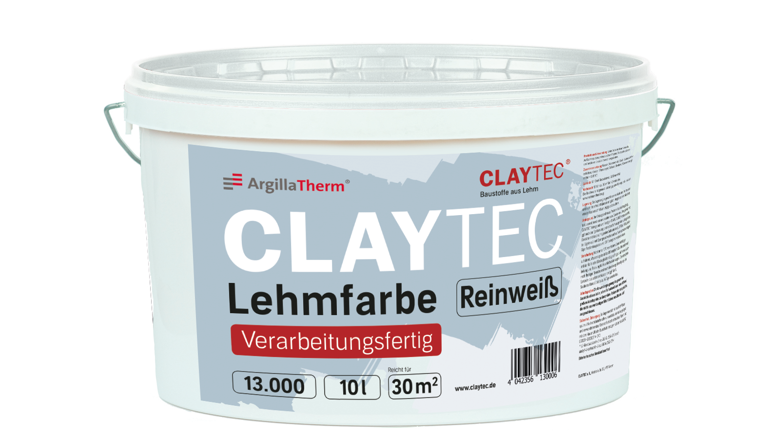 CLAYTEC Lehmfarbe reinweiß, verarbeitungsfertig - 10 L